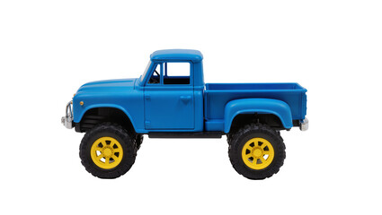 Isolated blue toy monster truck with chunky black tires and bright yellow rims, side view © Aoife