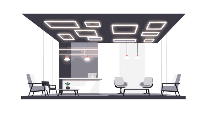 This sophisticated dark lounge interior showcases glowing square ceiling panels and elegant grey armchairs arranged neatly around minimalist black coffee tables.