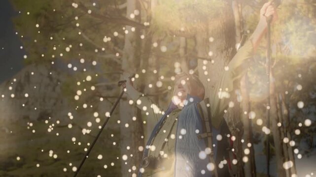 Hiker shielding from sun glare, raising pole, arms, celebrating outdoor view with bokeh around him