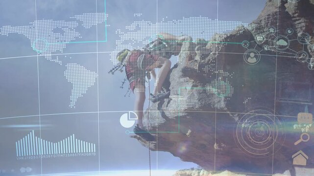 Male climber shifting, reaching while ascending rock, tech HUD map and chart tracking progress