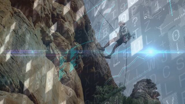 Vertical video: Man starting rappel lowering on rope to base while data graph tracking then growing