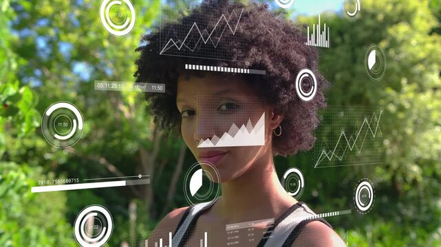 Woman posing in garden tech HUD appearing and scaling turning head tracking charts smiling demoing