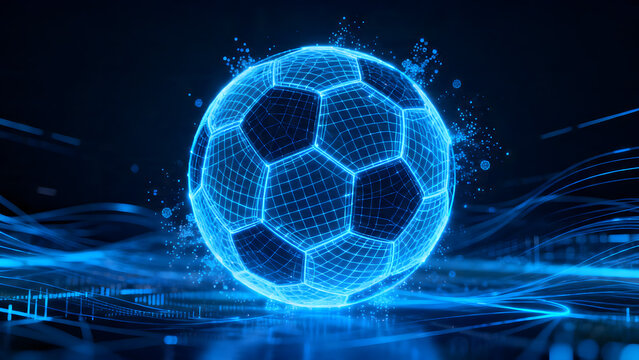 Futuristic sports data analytics concept with glowing blue football wireframe on digital platform