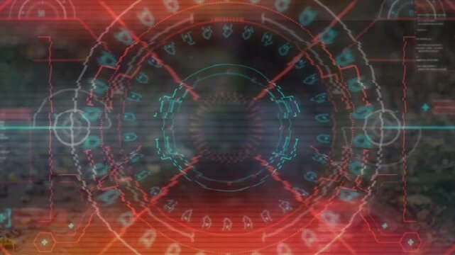 AR HUD pulsing with rotating rings and orange flare, scanning trench as blurred figure walking away