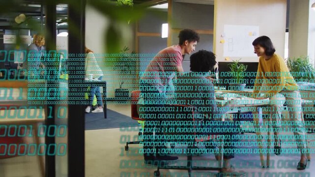 Binary overlay sweeping across partition spurring team leaning, rearranging model, reviewing design