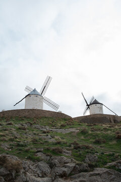 Two traditional windmills at Cerro Calderico, Consuegra, Toledo