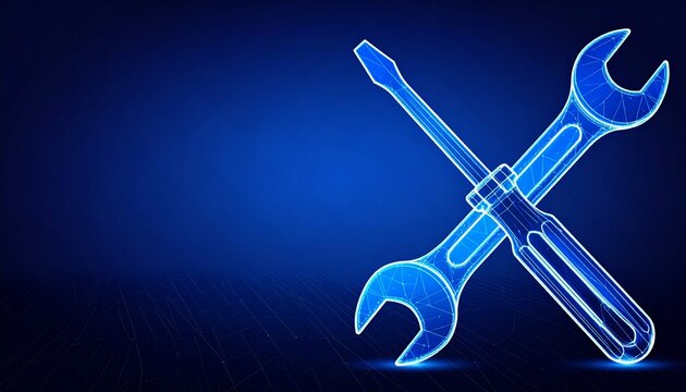 Glowing wrench screwdriver crossed digital tools