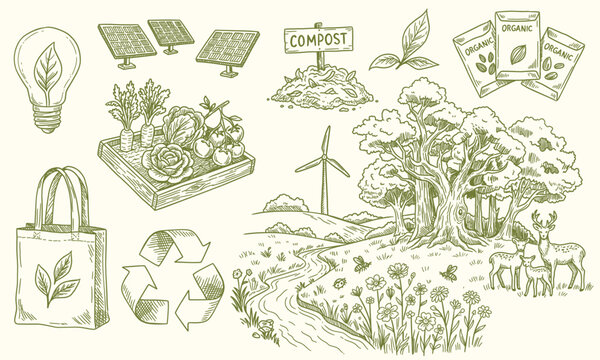 Sustainable Living Illustration Kit. Hand Drawn Eco Friendly Elements and Green Energy Icons. Whimsical Nature Conservation Set.
