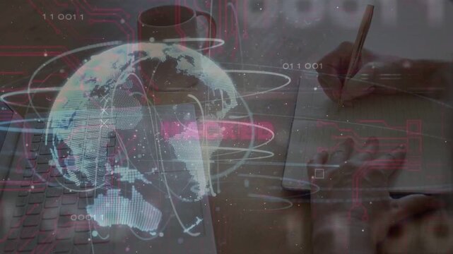 Vertical video: Person writing, laptop-led holo globe HACKED pulsing fading showing breach