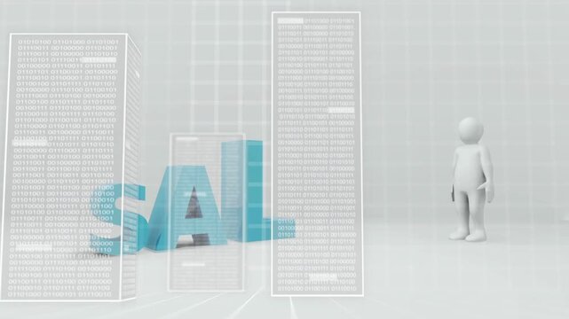 Vertical video: Letter S forming, panels sliding, humanoid walking and pointing, showing cyan SALES