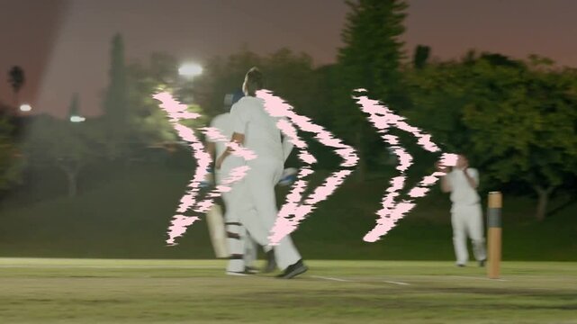 Cricket right-arm bowler bowling floodlit pitch team sprinting appealing for wicket amid glitches