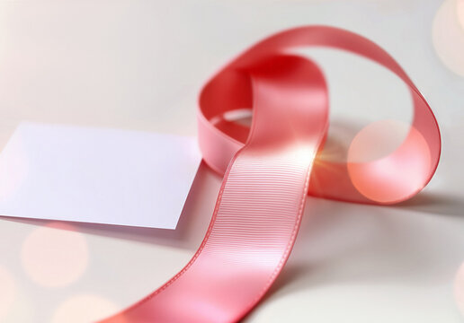 Blank pink rolled ribbon with note mockup, ai generated. Empty colored whorl wrapping ribon for birthday present mock up, grey background. Festive decor organza coil for pack ornate template.
