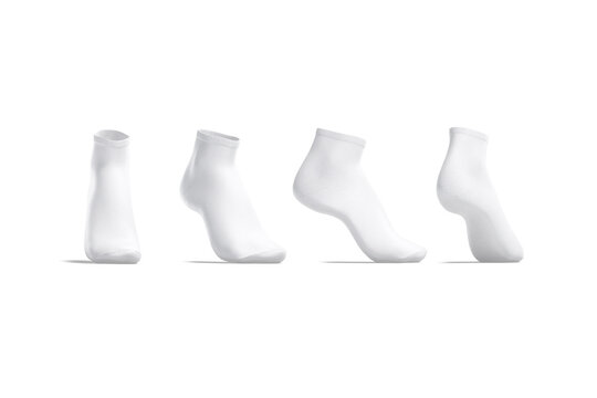 Blank white ancle socks on tiptoe mockup, different angles views, 3d rendering. Empty fabric cotton ankle footwear mock up, isolated. Clear woman or man cozy low cut sox for sports template.