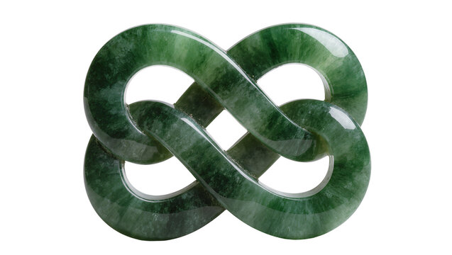 Isolated polished green jade infinity knot sculpture, a symbol of eternal connection.