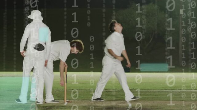 Bowler stepping releasing cricket ball to stumps for appeal under binary panels overlay
