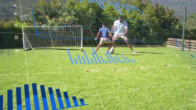 Father and son dribbling on lawn as son challenging, training scoring with sports analytics overlay
