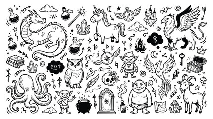Fantasy RPG doodle illustrations showcase mythical creatures and magic symbols © Merisca