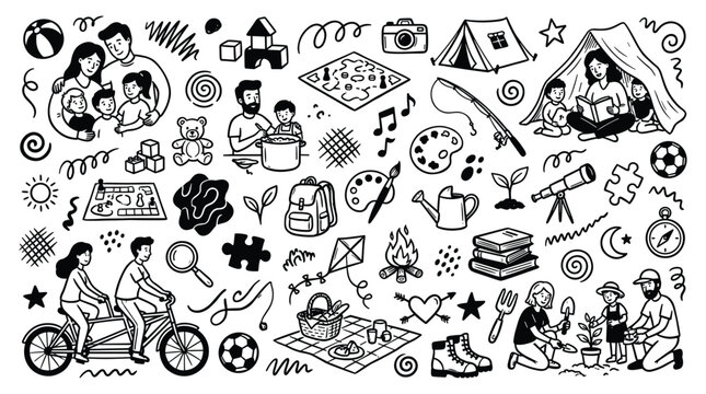 Fantasy creatures doodle illustrations depict people outdoors enjoying nature leisurely.