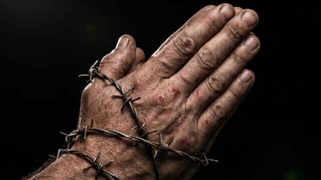 Praying hands wrapped in barbed wire, wound skin and tense emotional resilience in hand