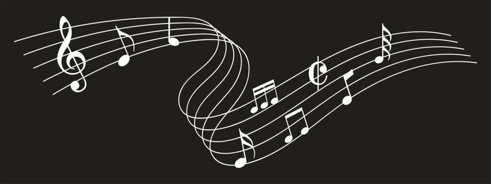 Music notes wave. Flowing musical staff lines with notes, clefs and melody rhythm patterns in dynamic circular, spiral and wavy shapes. Elegant swirling compositions for music posters. Vector set