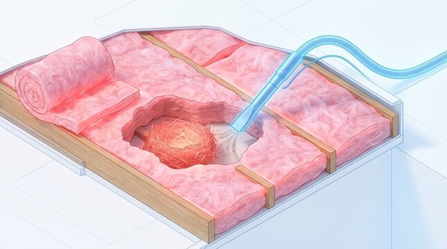 A vacuum tool removes a pest nest from attic fiberglass insulation. Illustrates professional decontamination and pest control services. Useful for home maintenance or sanitation marketing.