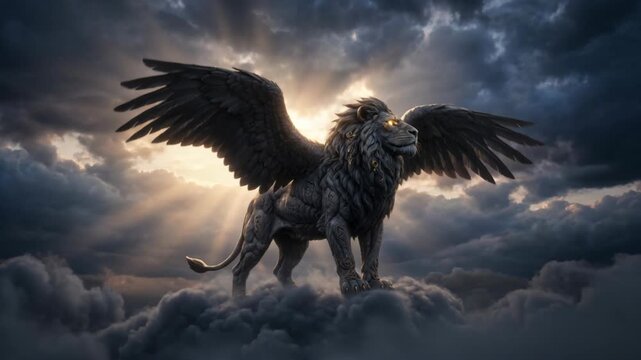 Majestic winged lion sculpture with glowing eyes on cloud at dramatic sunrise and powerful sky