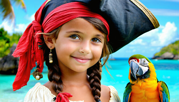 Portr&auml;t eines Piratenm&auml;dchens mit buntem Papagei