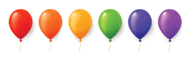 Realistic 3D balloons vector set with red, orange, yellow, green, blue and purple helium party decorations, glossy floating latex balloons isolated for birthday celebration © Frogella.stock