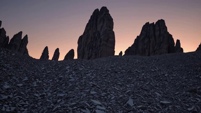rock spires silhouetted against twilight sky, gravel scree foreground with jagged peaks rising like sentinels hushed mauve and indigo tones evoke melancholic solitude, ideal for geologist survey,