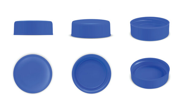 3D Plastic water bottle cap. Realistic polyethylene blue plastic caps multiple angles. Vector isolated set