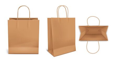 Fototapeta na wymiar Kraft paper shopping bag mockup with handles, realistic 3D brown retail package in front, side and top views, empty eco friendly paper pack vector template isolated