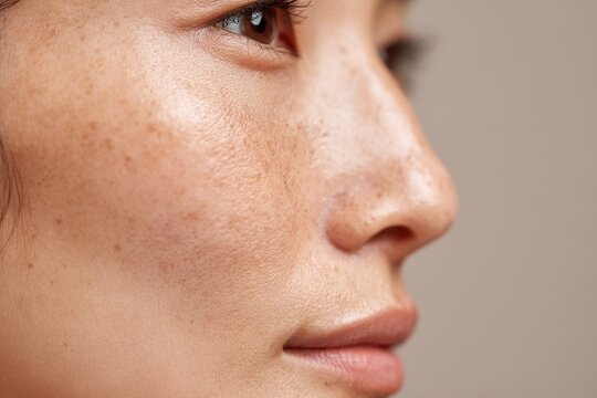 Macro close-up photograph of dry facial skin with enlarged pores, whiteheads and blackheads around the nose and cheeks