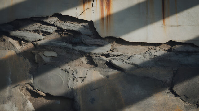 Cracked concrete wall with rust stains and fragmented debris