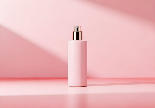 A pink bottle with a gold cap on a pink surface and background