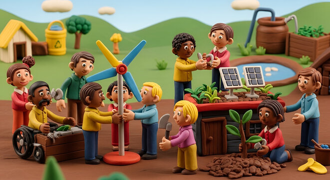 Group of diverse clay figures working together on green energy and sustainability projects in a bright cartoon style