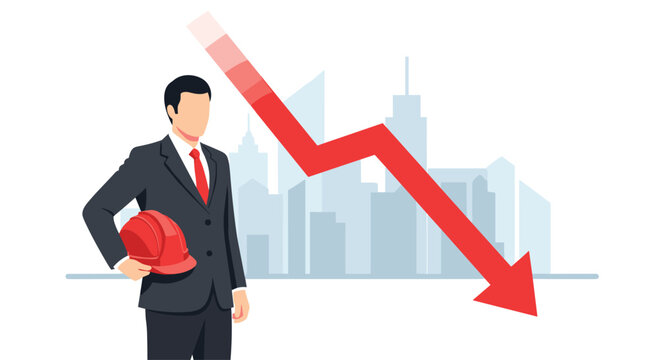 A confident businessman holding a red safety helmet stands before a pale city skyline as a massive red arrow indicates a significant economic downturn.