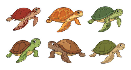Cartoon illustrated turtles with colorful patterned shells expressive eyes friendly flippers playful aquatic animals fantasy nature character artwork scene © IconicCreations