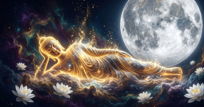 Buddha Parinirvana Cosmic Moon Spiritual Scene