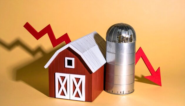 Red barn decline arrow symbolizing falling farm economy
