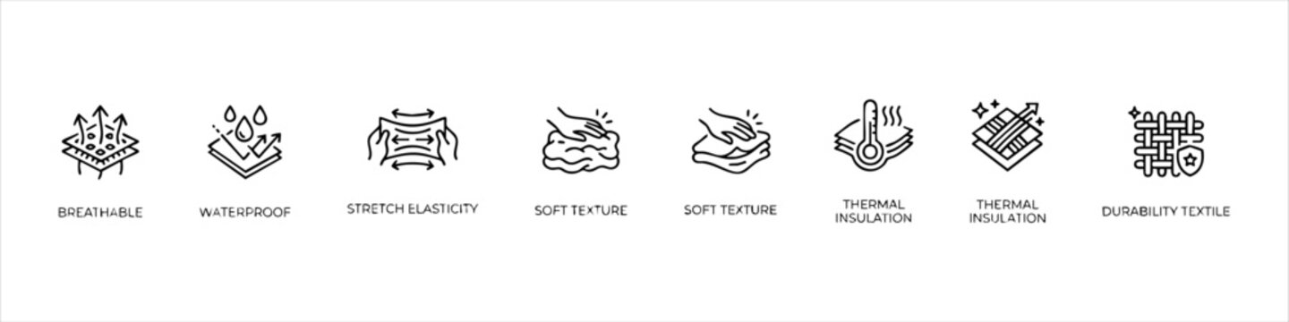 Set of Fabric and Textile Property Line Icons including Breathable, Waterproof, Stretch Elasticity, Soft Texture, Thermal Insulation and Durability