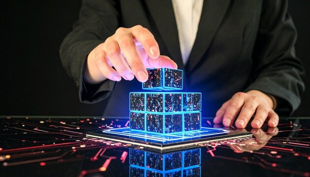 Suit hand manipulates glowing cubes futuristic digital holographic interface