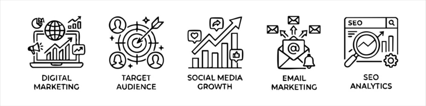 Set of hand-drawn digital marketing icons including target audience, social media growth, email marketing, and SEO analytics doodles for business strategy and online promotion.