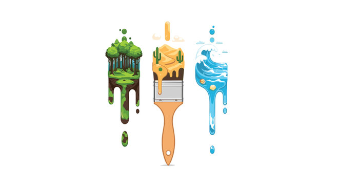Three artistic paintbrushes drip with vibrant miniature ecosystems including a lush green forest, a sandy cactus desert, and a crashing blue ocean wave on white.