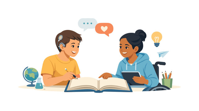 Inclusive education scenario where students with diverse abilities learn together in a supportive classroom environment, representing equality, accessibility, and shared