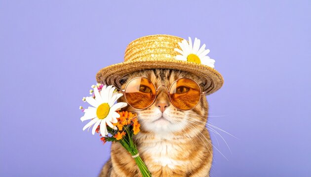 Cat fashion sunglasses straw hat daisies