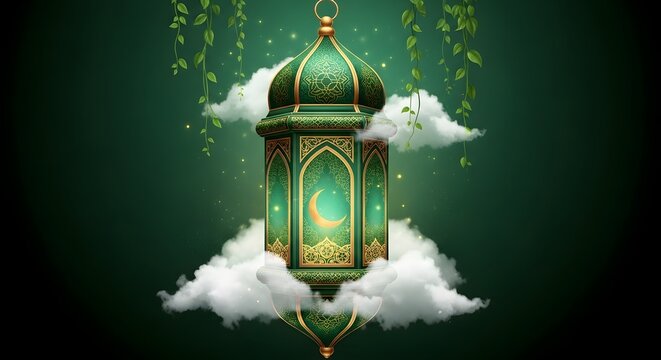 Green lantern with golden details on a cloud