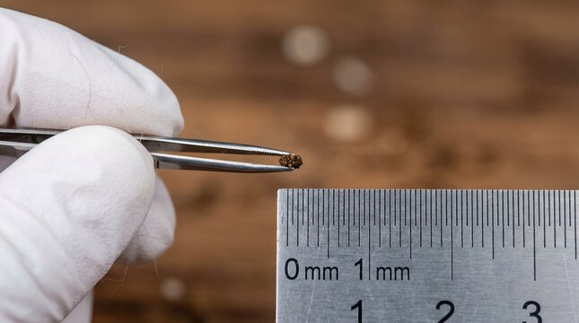 Gloved hand holds small insect droppings with tweezers next to a ruler. Professional pest inspection and identification process. Useful for educational materials about household infestations.