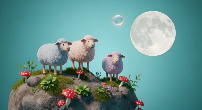 Three sheep standing on a hill under a full moon