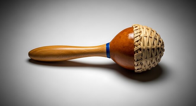 A closeup shot of a traditional latin american maraca instrument with a wooden handle and woven head on a gray background
