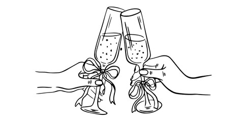 Obraz premium Two champagne glasses with ribbons tied in bows isolated on transparent background